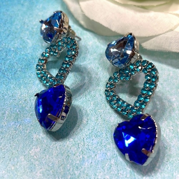 Romantic Blue Crystal Three Heart Drop Earrings - Picture 16 of 17